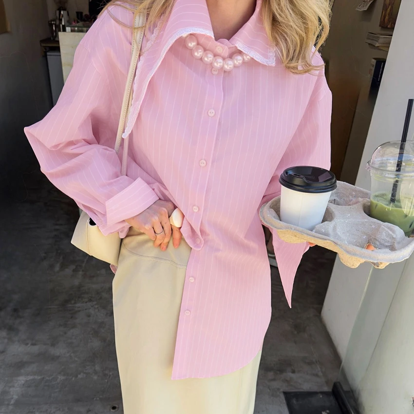 

Linad Street Chic розовые полосатые рубашки с кружевными лацканами, осень 202, офисная блузка с длинными рукавами, женские повседневные однобортные топы, женские