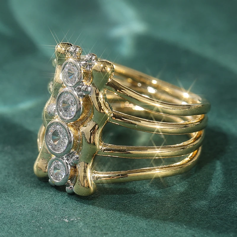 Vintage Zweifarbig Eingelegter Weißer CZ Damenring Geometrisch Ausgehöhlt Tägliches Tragen Party-Schmuck – Detail 2