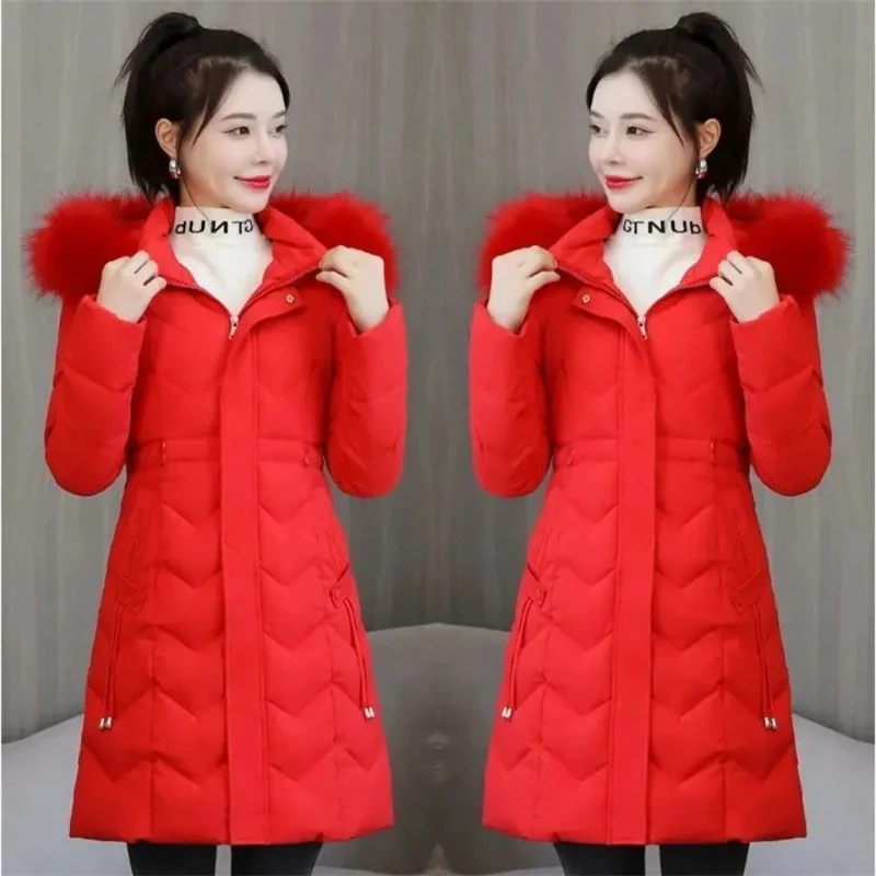 

Women Parkas New Winter Jacket Faux Fur Collar Long Hooded Jacket Female Down Cotton Jacket Outwear Ladies Overcoat