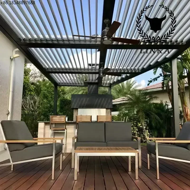 Motorized Aluminum Waterproof Pergola Covers Sunshade Louvered Roof Gazebo With LouvresOutdoor Villa Courtyard Garden Balcony