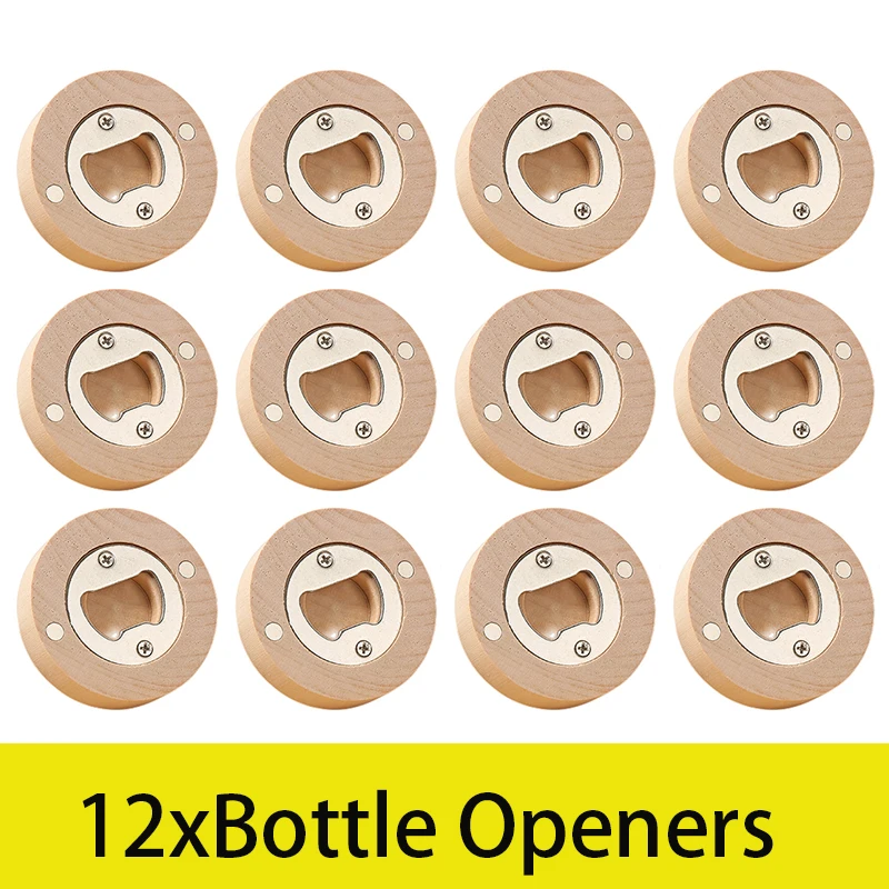 

12Pcs Beer Bottle Opener Wood Round Bottle Opener Coaster Fridge Magnet for Kitchen Party Bar Wedding Decor