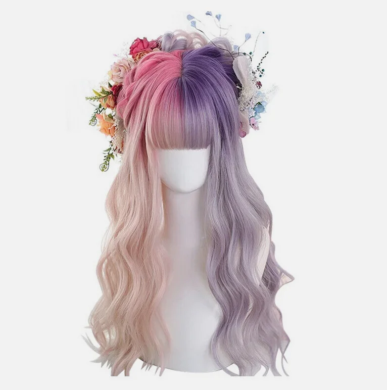 Pink And Purple Gradient Lolita Wigs Long Wave Cosplay Wig Bangs Harajuku Hair