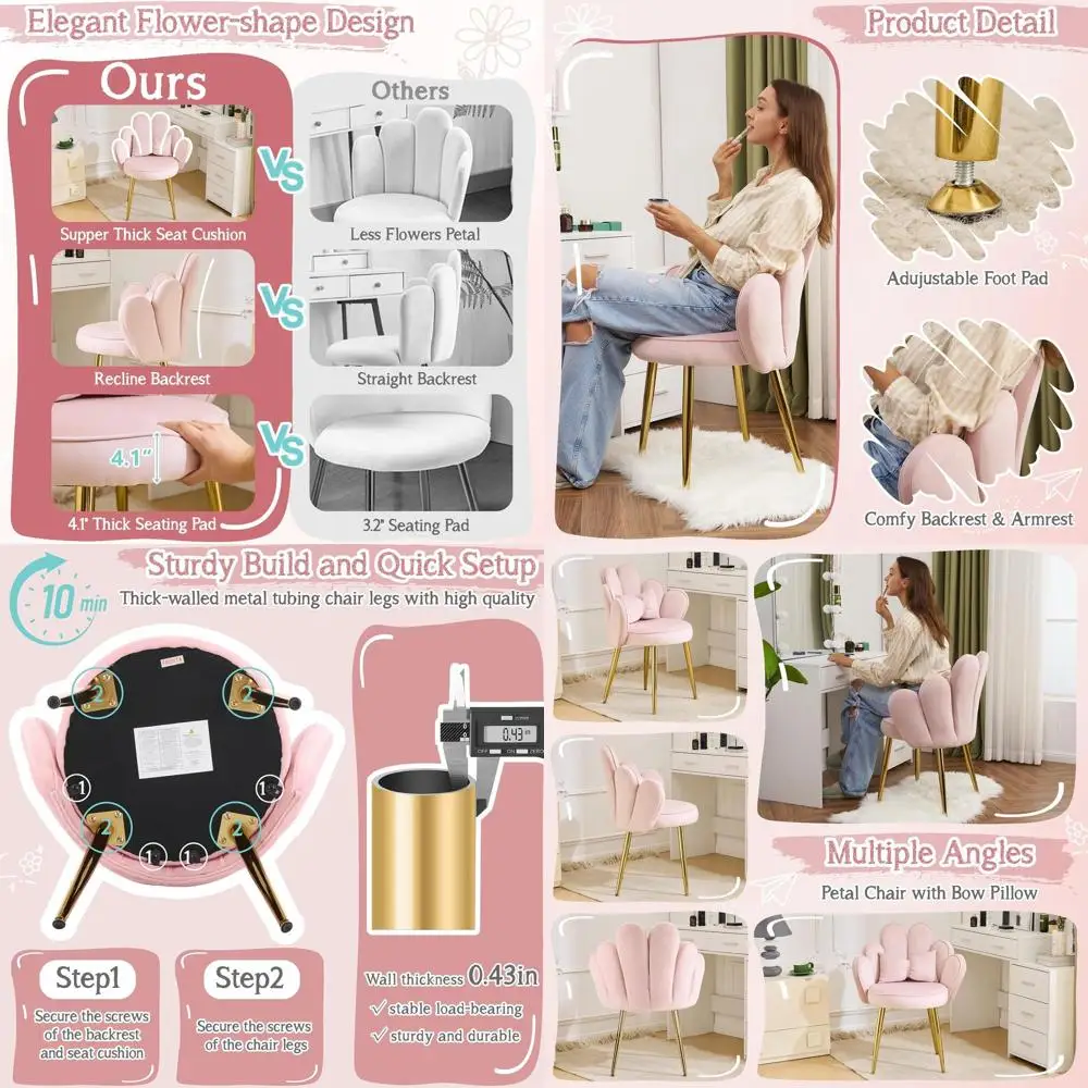 

Pink Velvet Petal Chair with Adjustable Gold Legs and Bow Pillow for Home Office, Bedroom