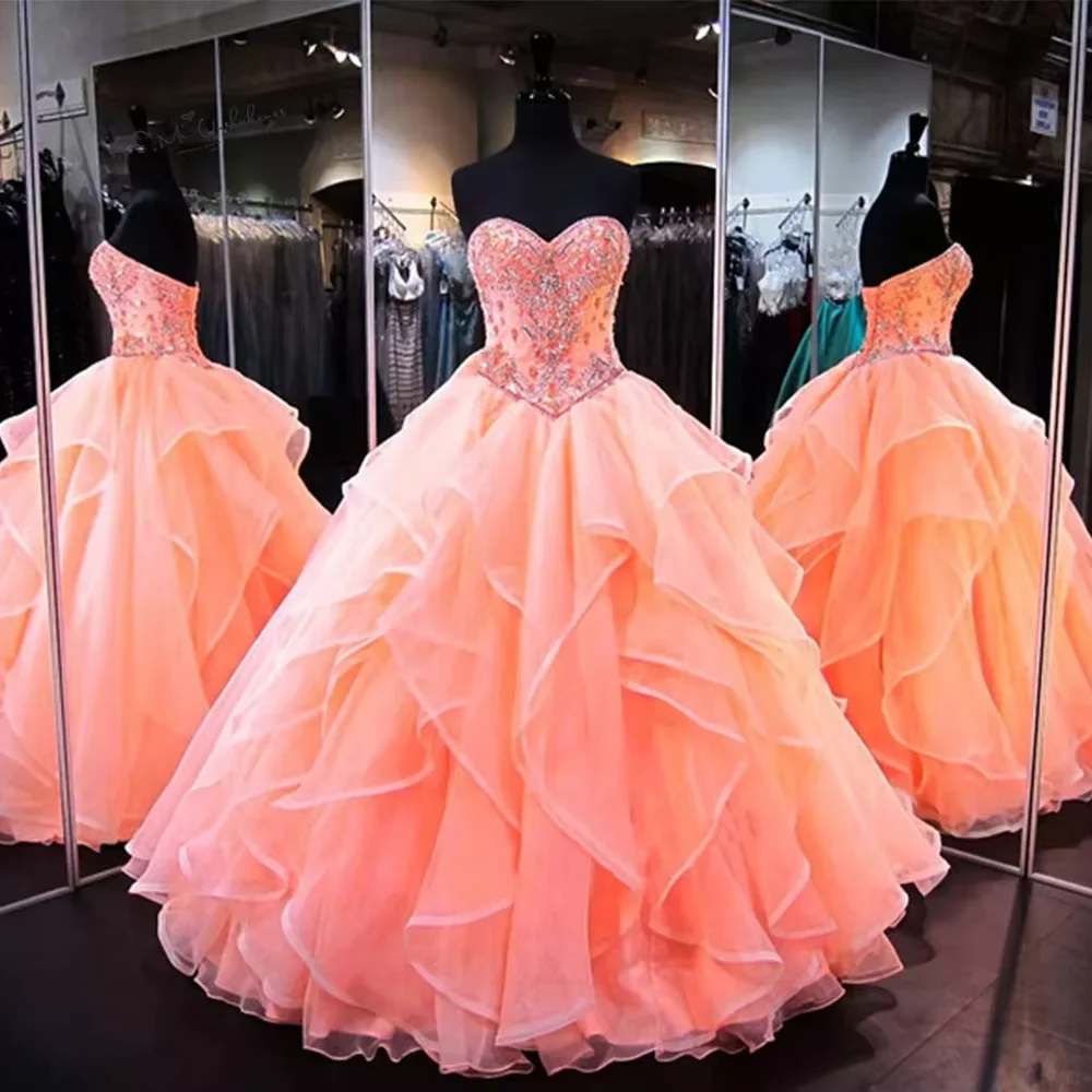 

Vestidos de 15 Anos Organza Puffy Ball Gown Quinceanera Dresses Crystals Debutante Gown Coral Cheap Quinceanera Dress
