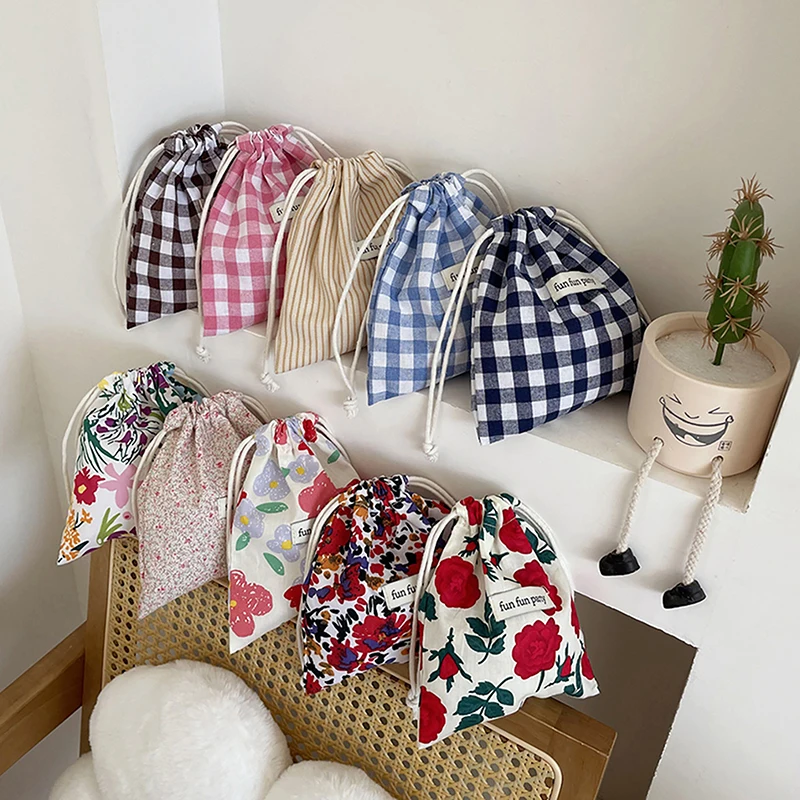 Multifunctional Cotton Plaid Storage Drawstring Bag For Women Portable Finishing Storage Pouch Cute Makeup Bag Candy Organizer