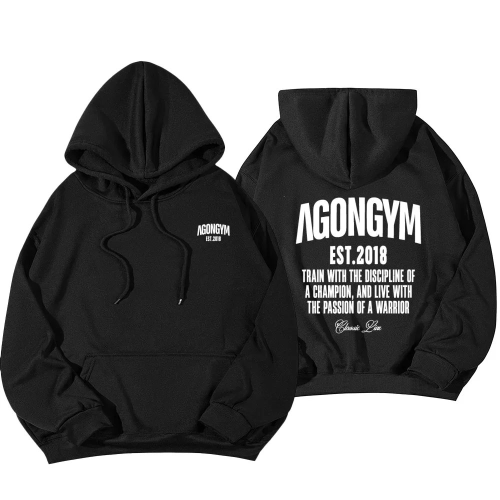 Agongym Men Women Hoodie EST.2018 Graphic Print Sweatshirt Inspirational Quote Gym Training Hooded Pullover XS-5XL