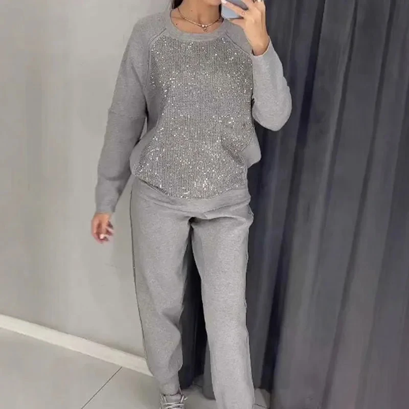 Fashion Diamonds Patchwork Sweatshirt Set Women Casual O Neck Top Pullover & Sweatpants Outfit Fall Winter Long Sleeve 2pcs Suit