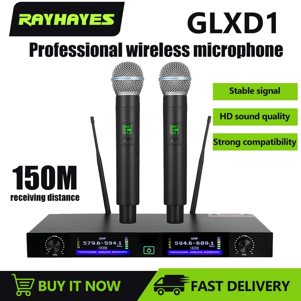 

RAYHAYES GLXD1 Wireless Microphone System Professional Dual Channel UHF Fixed Frequency Handheld Dynamic Mic Karaoke Party