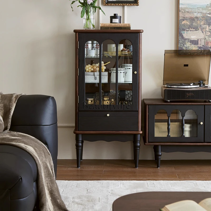 

*French retro wine cabinet against the wall color matching home display glass small apartment cabinet