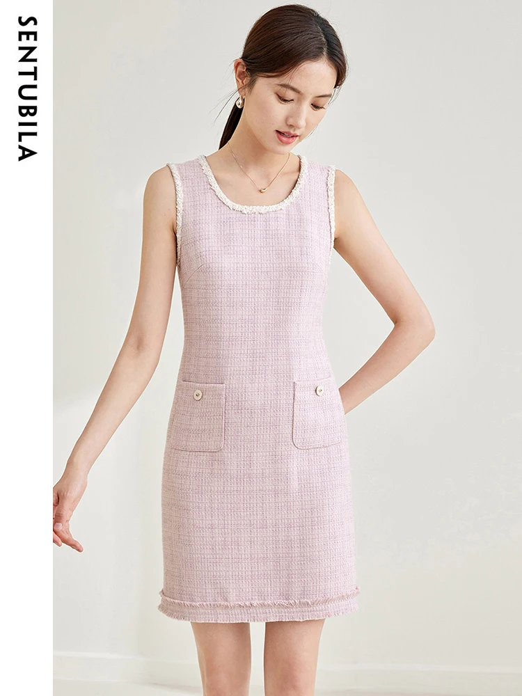 

SENTUBILA 2024 Spring New Tweed Vest Dresses Women Casual Temperament Straight Romantic Sleeveless Sweet Female Dress M33L51441