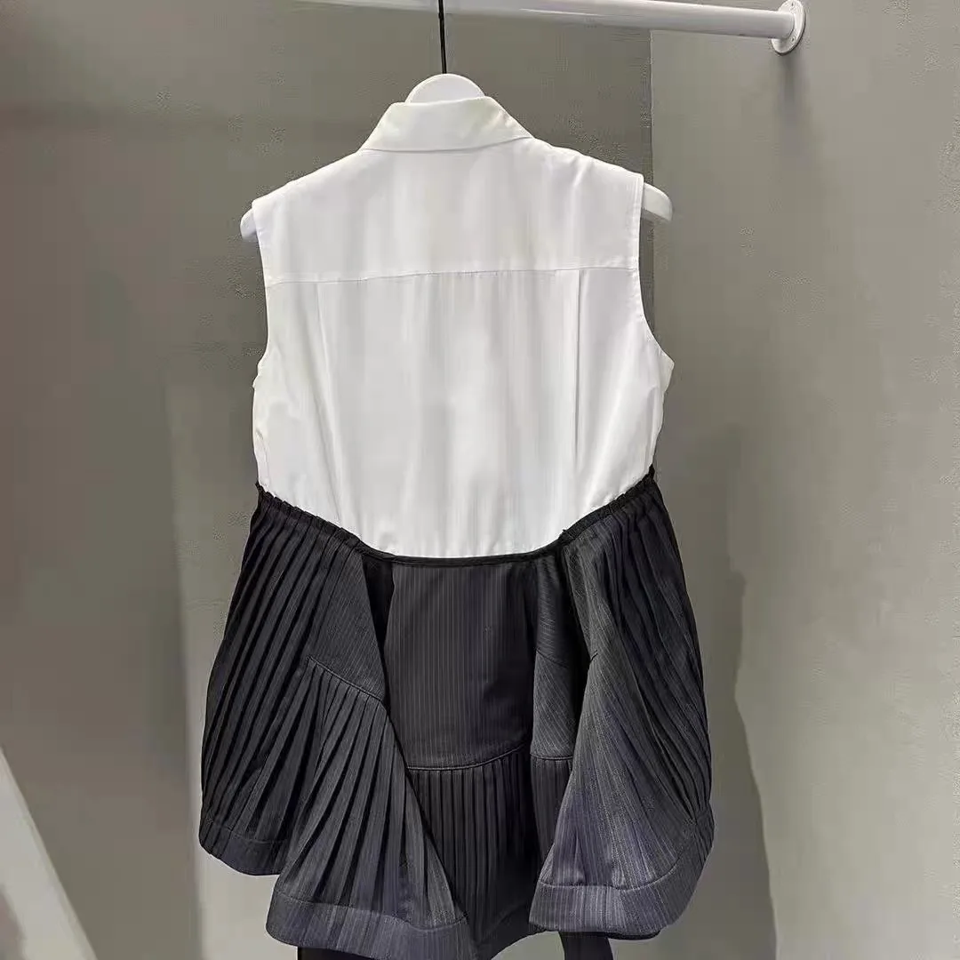 2025 spring and summer new lapel shirt collar patchwork denim pleated sleeveless top for women