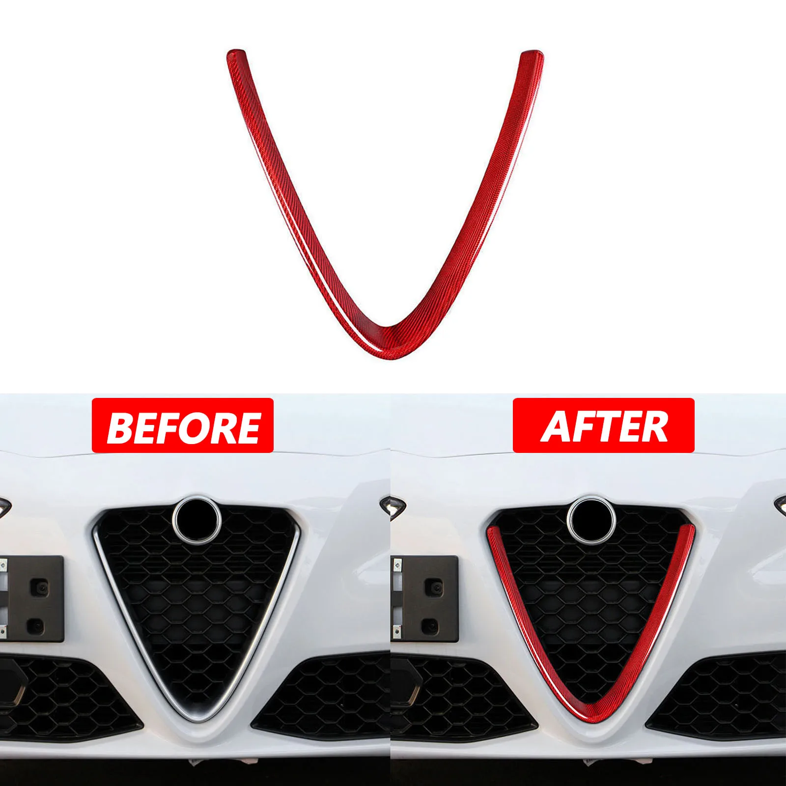 Red 3K CARBON FIBER FOR ALFA ROMEO GIULIA 17-21 FRONT V SHAPE GRILLE COVER TRIM