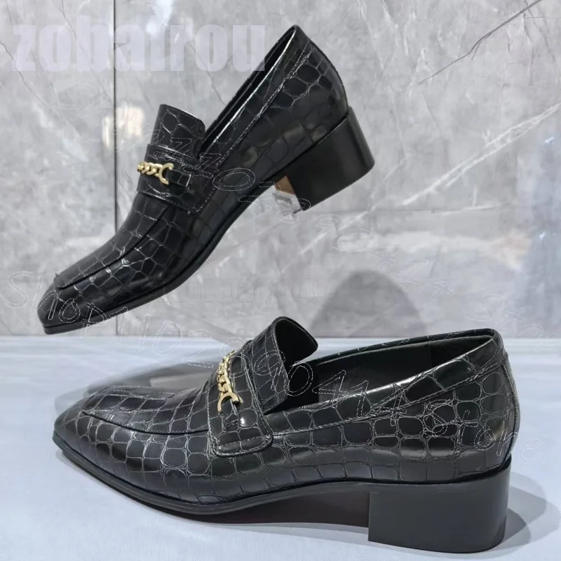 Chain Decor Black Alligator Print Square Toe Loafers Fashion Slip On Men Shoes Luxurious Handmade Party Banquet Men Casual Shoes