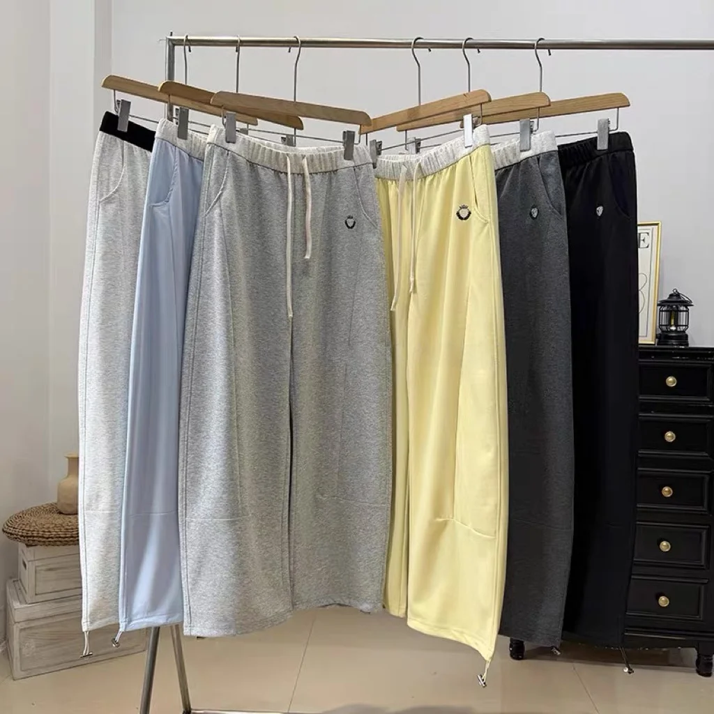 Loose High Waist Wide Leg Knife Pants Drawstring Elastic Waist Color Block Embroidery Cuffed Casual Sweatpants Women