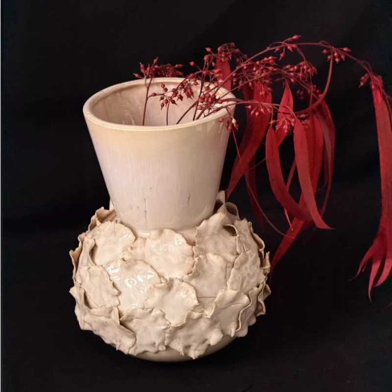 Wabi Sabi style flower petal relief ceramic vase,handmade artistic floral ware,living room foyer,hotel geometric vase decoration