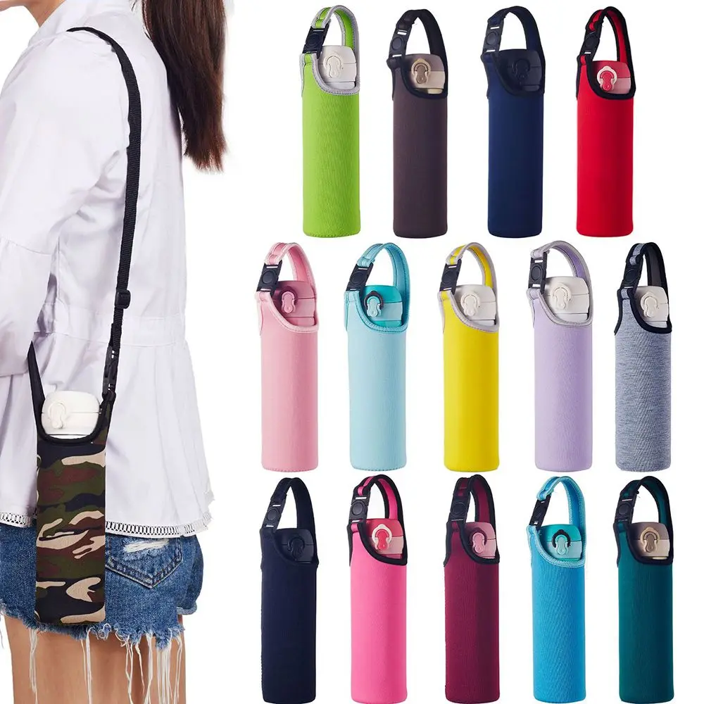 1Pcs Water Bottle Cover Bag Pouch Neoprene Water Pouch Holder Shoulder Strap Black Bottle Carrier Insulat Bag