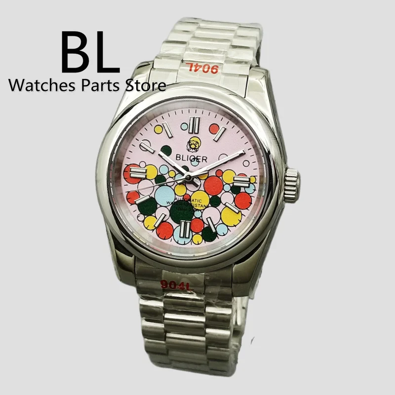 BLIGER 36mm/39mm NH35 MIYOTA PT5000 Automatic Watch For Men Sapphire Glass Celebration Color Pink Green Strap Steel  Luminous