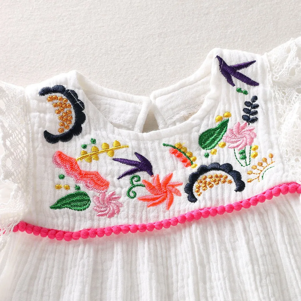 Infant Baby Girls Cotton Linen Dresses Pleated Short Sleeve Delicate Embroidery Swing White Dress Summer Leisure Dress