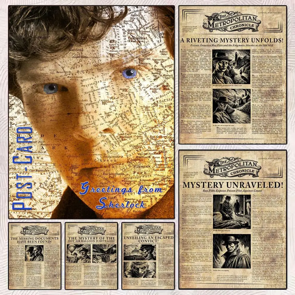 S-Sherlock Detective Newspaper Painting Calligraphy Aesthetic Canvas Wall Poster Modern Room Bedroom Cafe Wall Artwork