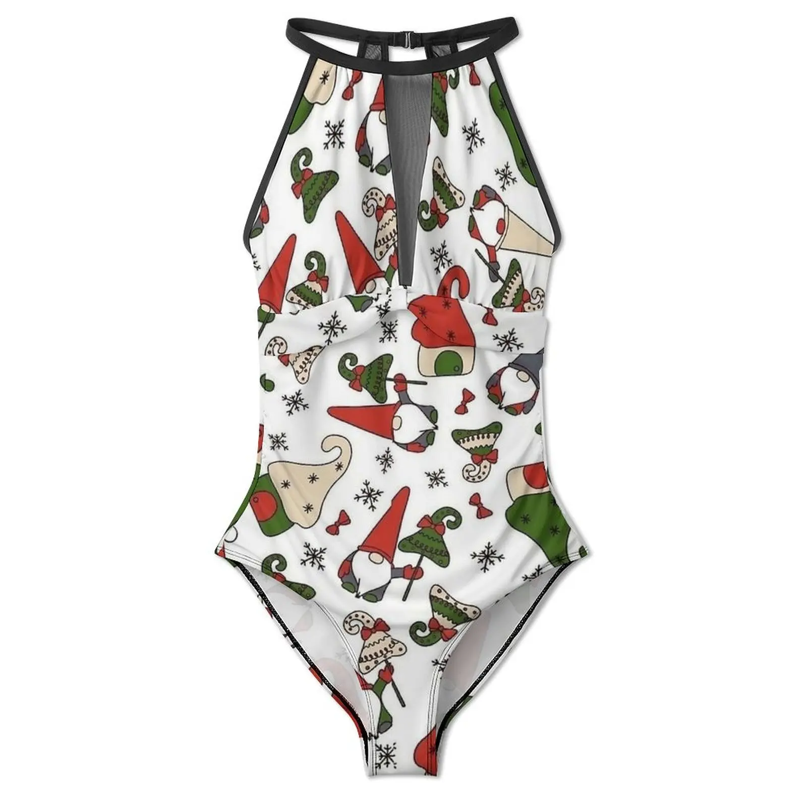 Christmas Gnomes Tree Pattern Swimsuit Sexy  Women Swimwear One-Piece Retro Bodysuit Fitness Push Up Hollow Out Bathing Suit