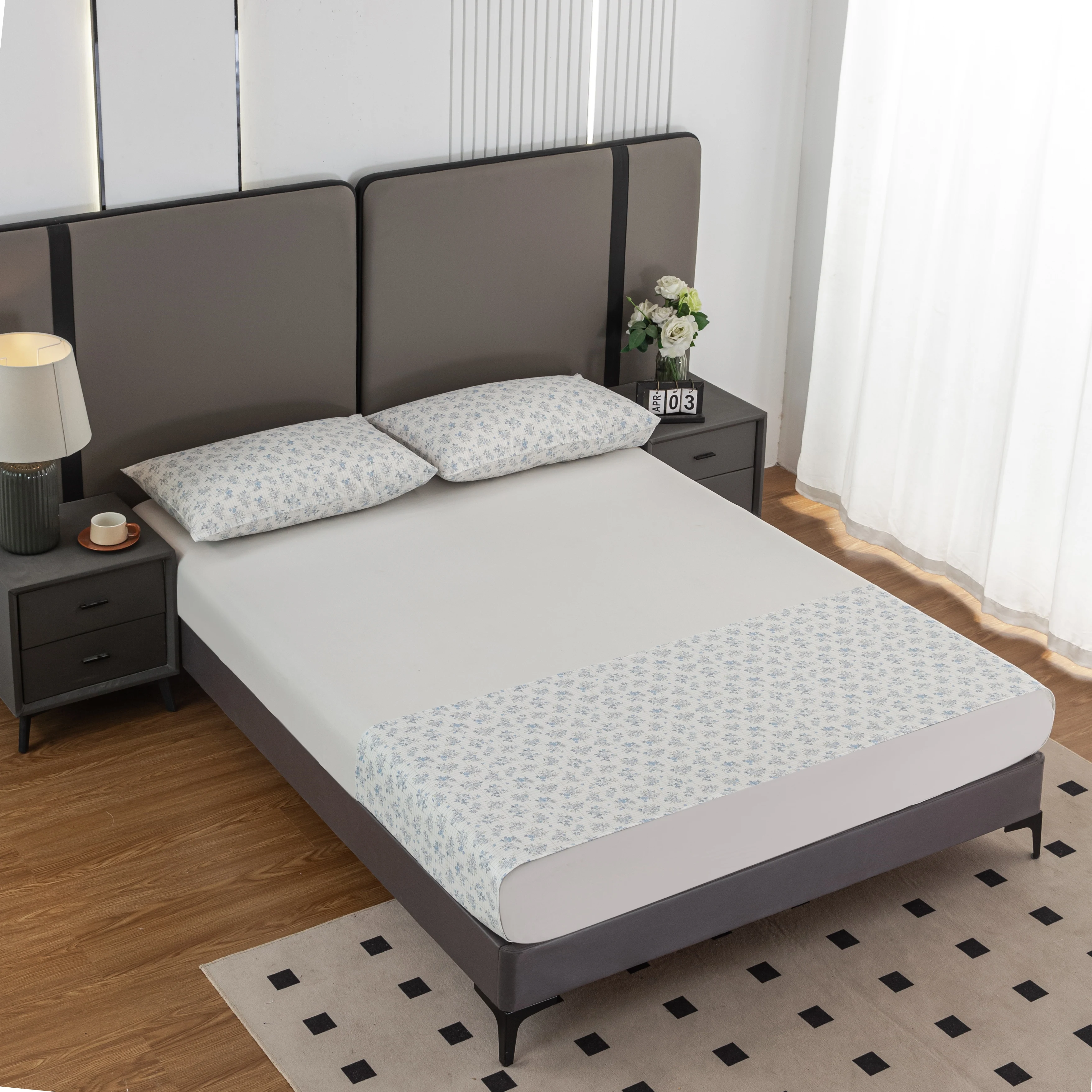 Grounding Earthing Silver Fiber Bed Sheet 250x265cm EMF Protection Anti-Static Breathable Comfortable White Floral Print Design