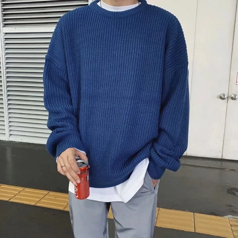 Japanese Men Spring Autumn New Spliced pullovers O-Neck Fashion Solid Color Loose Minimalist Casual Long-sleeved Knitted Top