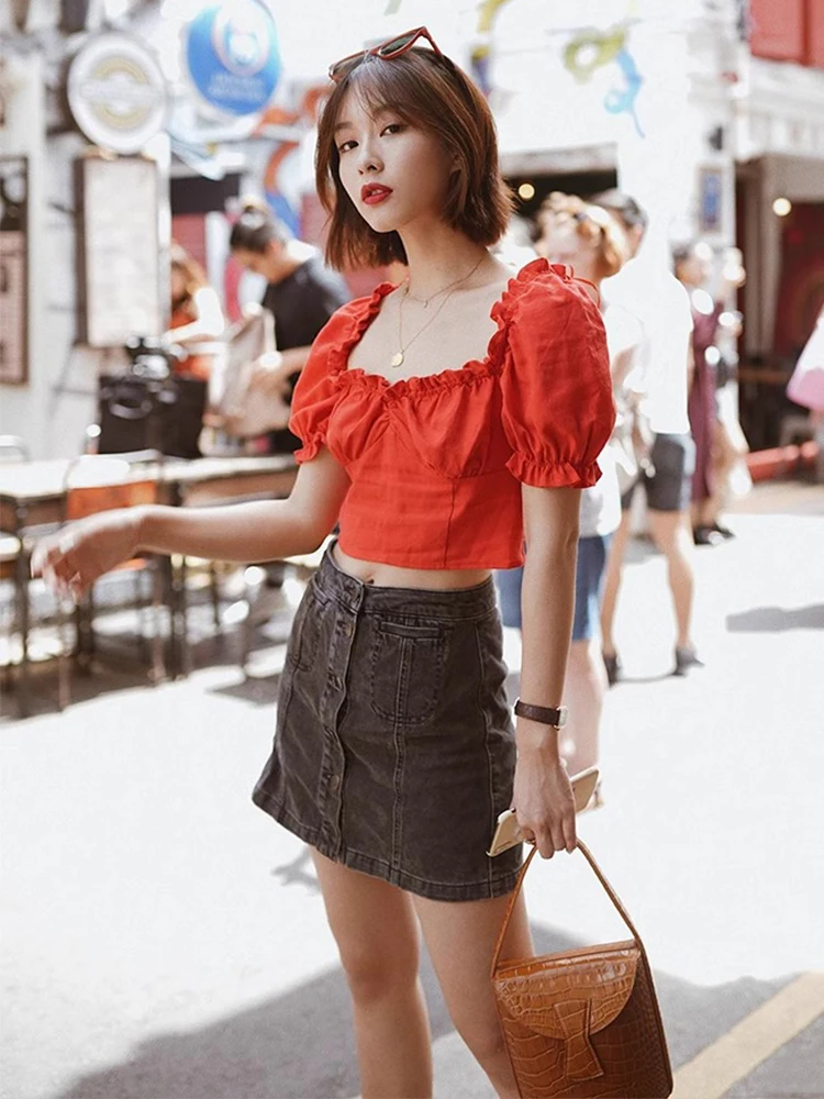 

Cute Style Short Sleeve Bubble Sleeve T-Shirt Women's Cotton Polyester Blend Short Length Bubble Sleeve Top Blogger College S...