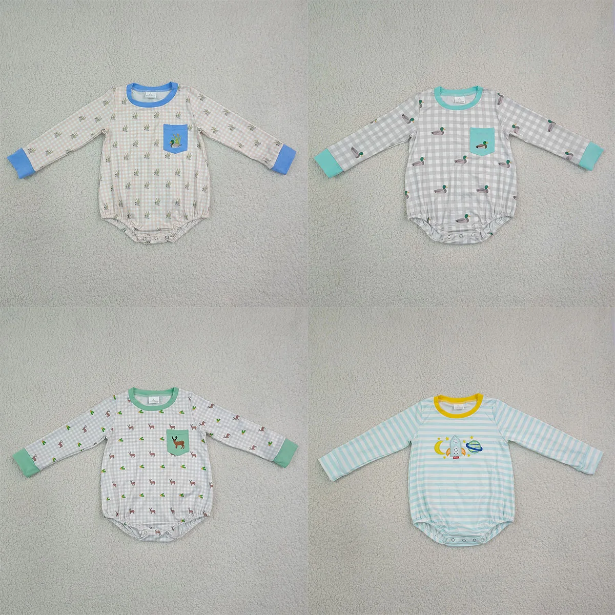 Cute Baby Clothing Embroidery Duck Pocket Baby Boys Long Sleeve Checked Hunting Rompers Kids Children Infant Jumpsuit Wholesale