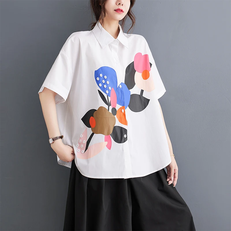 Faionable Contrast Color Print ort Sve Women's irt Loose Sli Summer Slimming irt Korean Sle Commute Wind