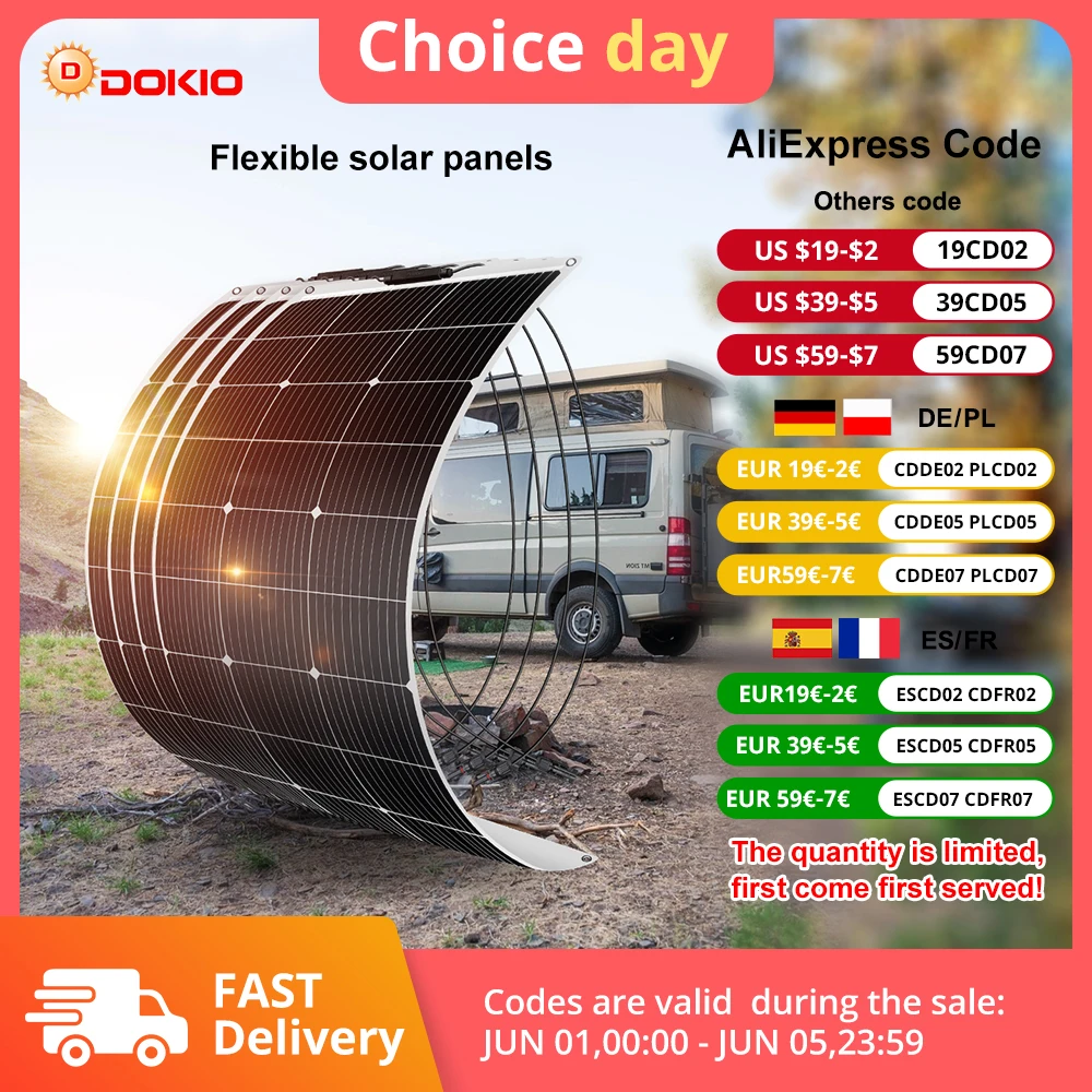 DOKIO 100 W 18 V flexibles Solarpanel (Kit), wasserdichtes monokristallines Solarpanel für Camping,