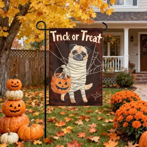 Pug dog Flag, Spooky Cute Dog, Halloween Double sided Flag, Garden Sign JJE DDI GGX
