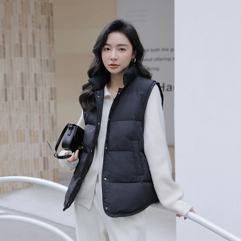 

Модный свободный женский пуховый жилет с манжетами, повседневная верхняя одежда из нейлоновой ткани с воротником-стойкой для осени и зимы