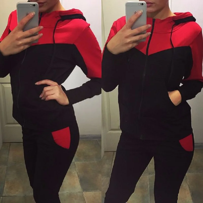 Fashion Trend Women\'s Clothing Splicing Casual Sports Hooded Color Matching Suit