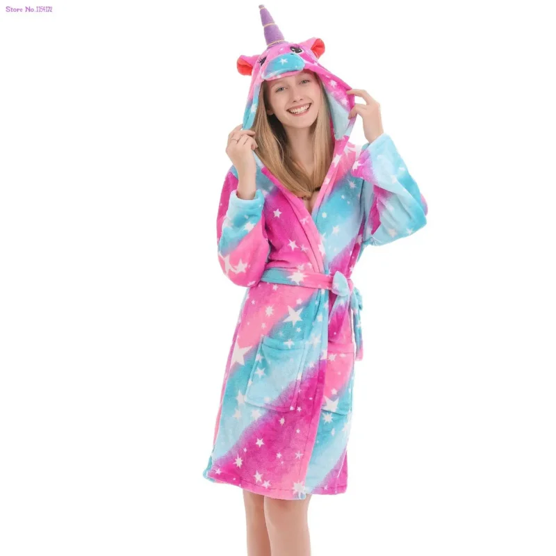 Adults Winter Girls Panda Animal Bath Robes Men's Bathrobes Coral Velvet Hooded Unicorn Robe Women Flannel Dressing Gown