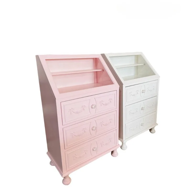 

French glass surface solid wood chest, bedside table, side cabinet, girl's heart storage, locker, makeup jewelry display