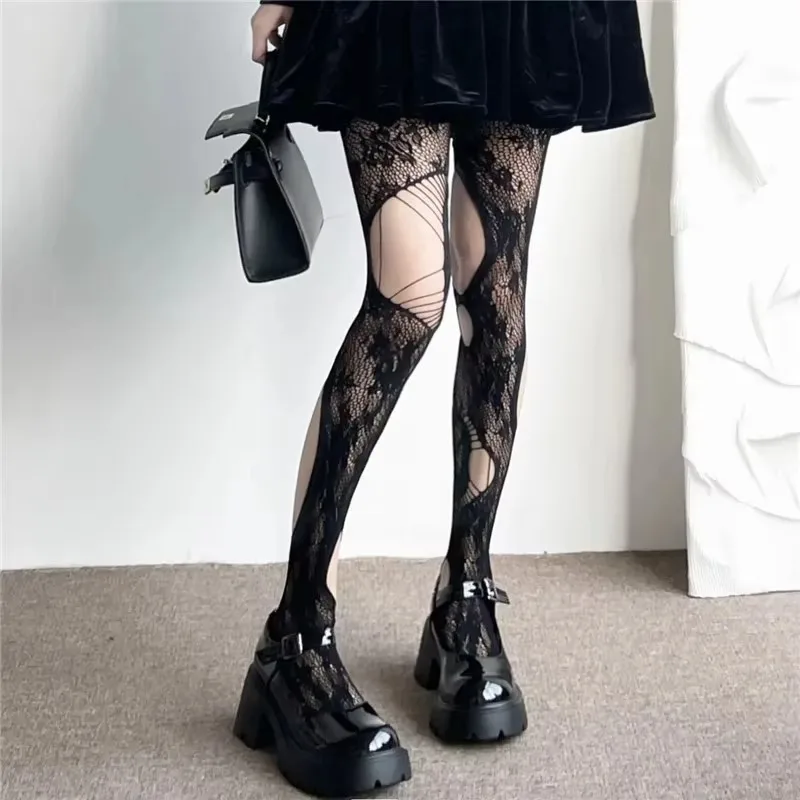 Black Fishnet Lolita Pantyhose for Women Gothic Punk Harajuku Irregular Ripped Mesh Tights Floral Jacquard Sexy Lace Stockings