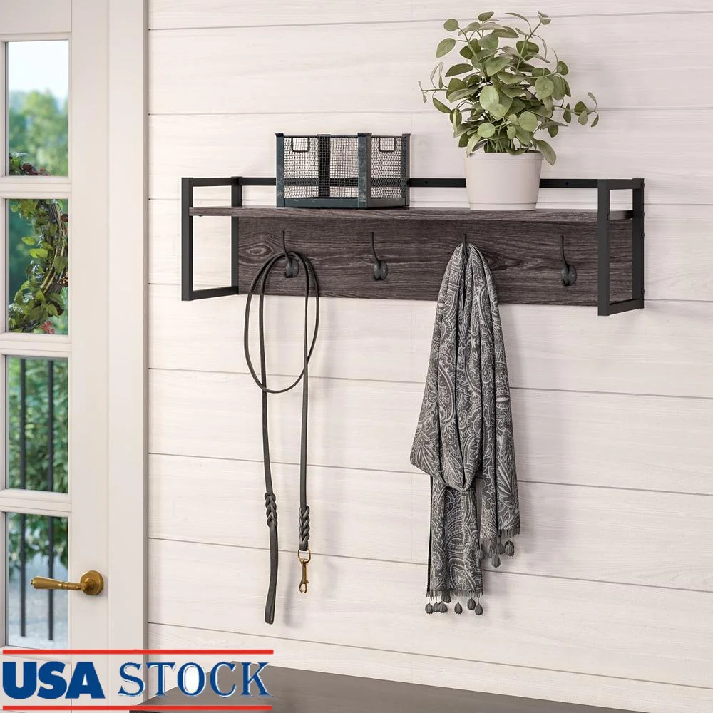 Modern Rustic 4-Hook Wall Shelf Organizer with Open Shelf and Coat Hooks Entryway Mudroom Decor Weathered Woodgrain Finish Easy