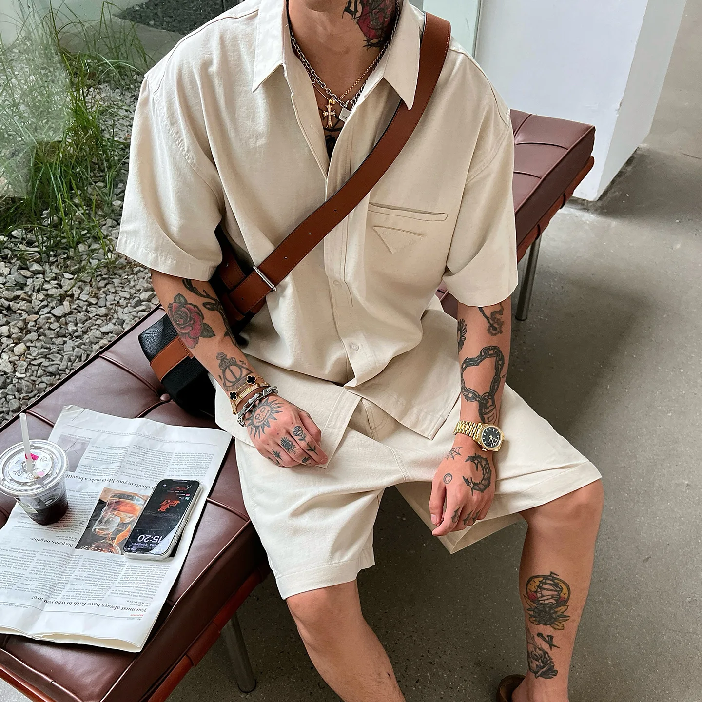 

Linen Blended Shirt Suit Short Sleeve Navy Khaki Jacket Shorts Men's Summer Thin Loose Straight Shorts Beachwear