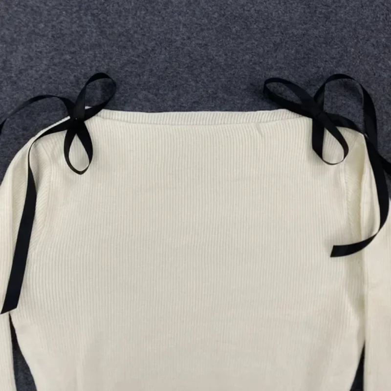 

Милый сексуальный повседневный однотонный простой тонкий свитер с длинными рукавами и бантом на плечах, корейский осенне-зимний женский костюм