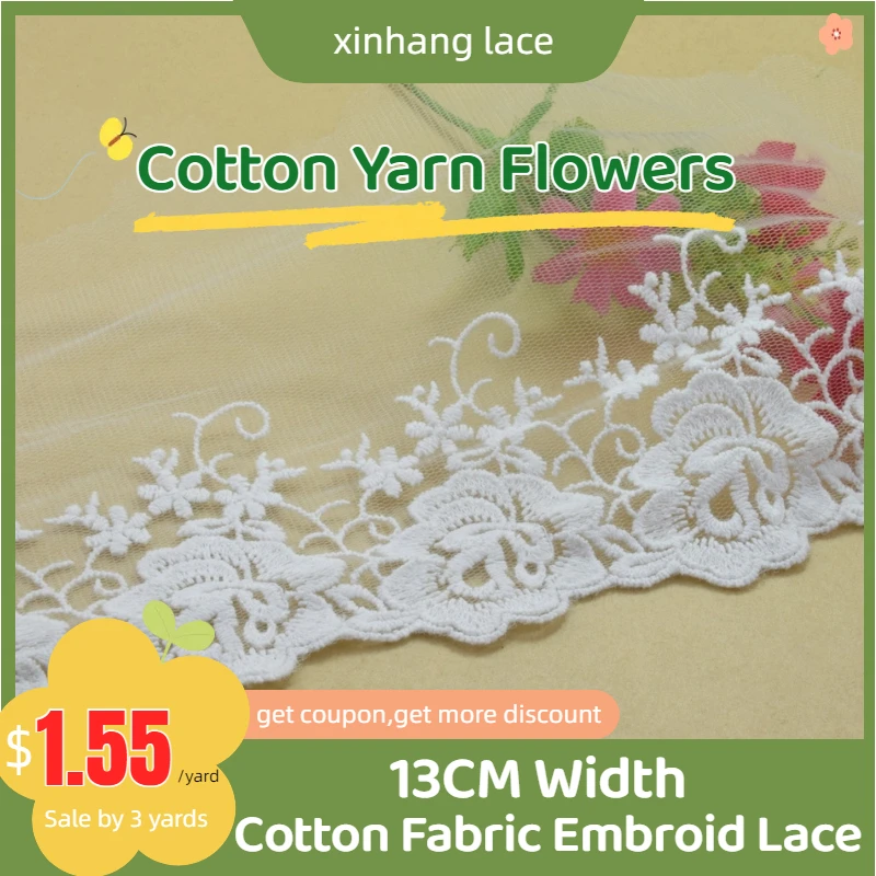 

3yards 13cm white lace cotton embroidery lace french lace ribbon fabric guipure diy trims warp knitting sewing Accessories#3417