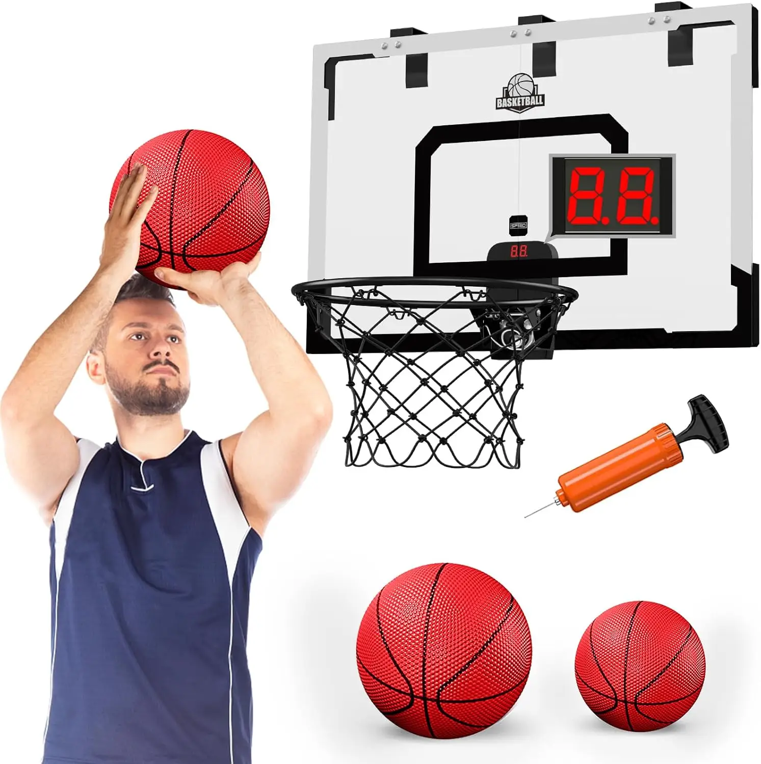 

24x16 Inch Large Basketball Hoop Indoor for Adults, Over Door with Sturdy Backboard, Big Basketball Toys Gift for Men Kids Teens Boys Girls, Black with Scoreboard