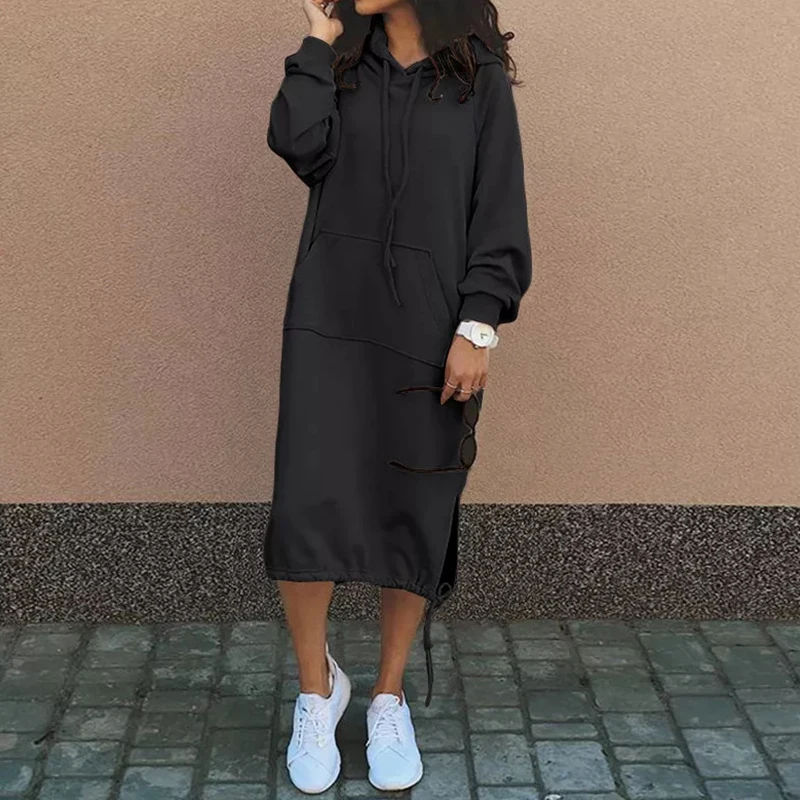 Women Hoodie Dress Long Style Autumn Winter New Split Warm Leisure Solid Color Elegant Fashion Versatile Hoodie Long Dress