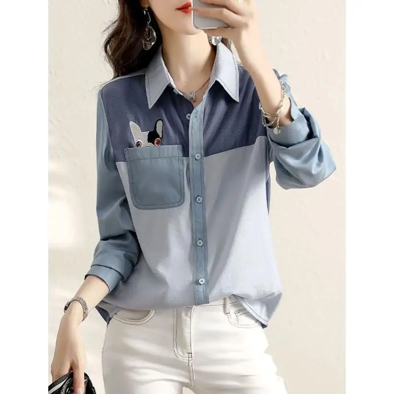 Fashion Color Matching Pocket Single-breasted Blouse Women New Classic Long Sleeve Polo Collar Blue Spring Autumn Shirt 2023