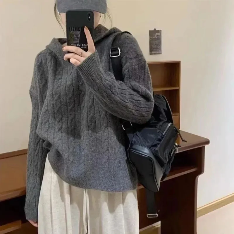 

Vintage Hooded Knit Sweater Women Loose Lazy Wind Preppy Korean Casual Pullovers Solid Long Sleeve All Match Female Jumpers New