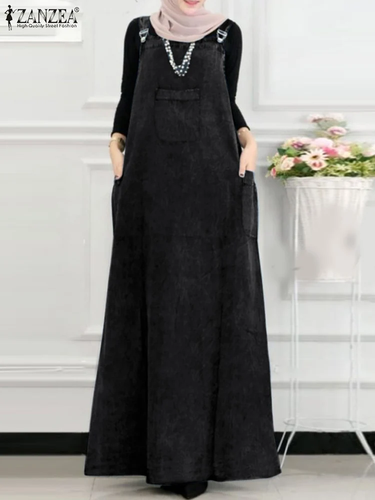 ZANZEA Senza Maniche Cinghie Della Bretella Abiti Denim Donna Casual Eid Mubarak Ramadan Abaya Vestaglie Musulmano Islamico Hijab Maxi Vestito