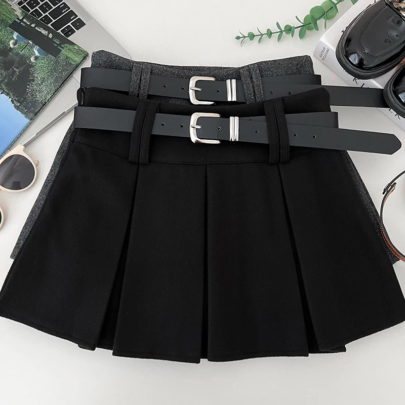 レッドウールプリーツショートスカート レディース 秋冬 ハイウエスト スリム 厚手 ハーフスカート 反射防止 Aラインスカート ベルト付き