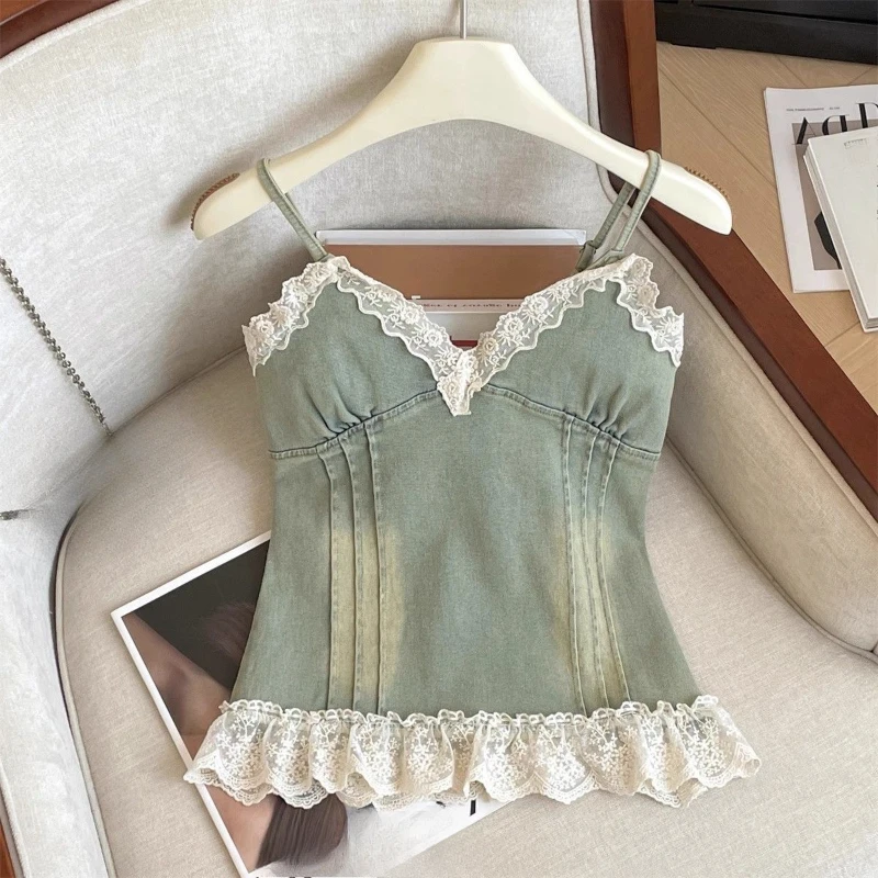Summer Fashion Designer Women Ladies Lace Patchwork Bleached Ruffles Slim Tanks Camis , Woman Slim V NeckTank