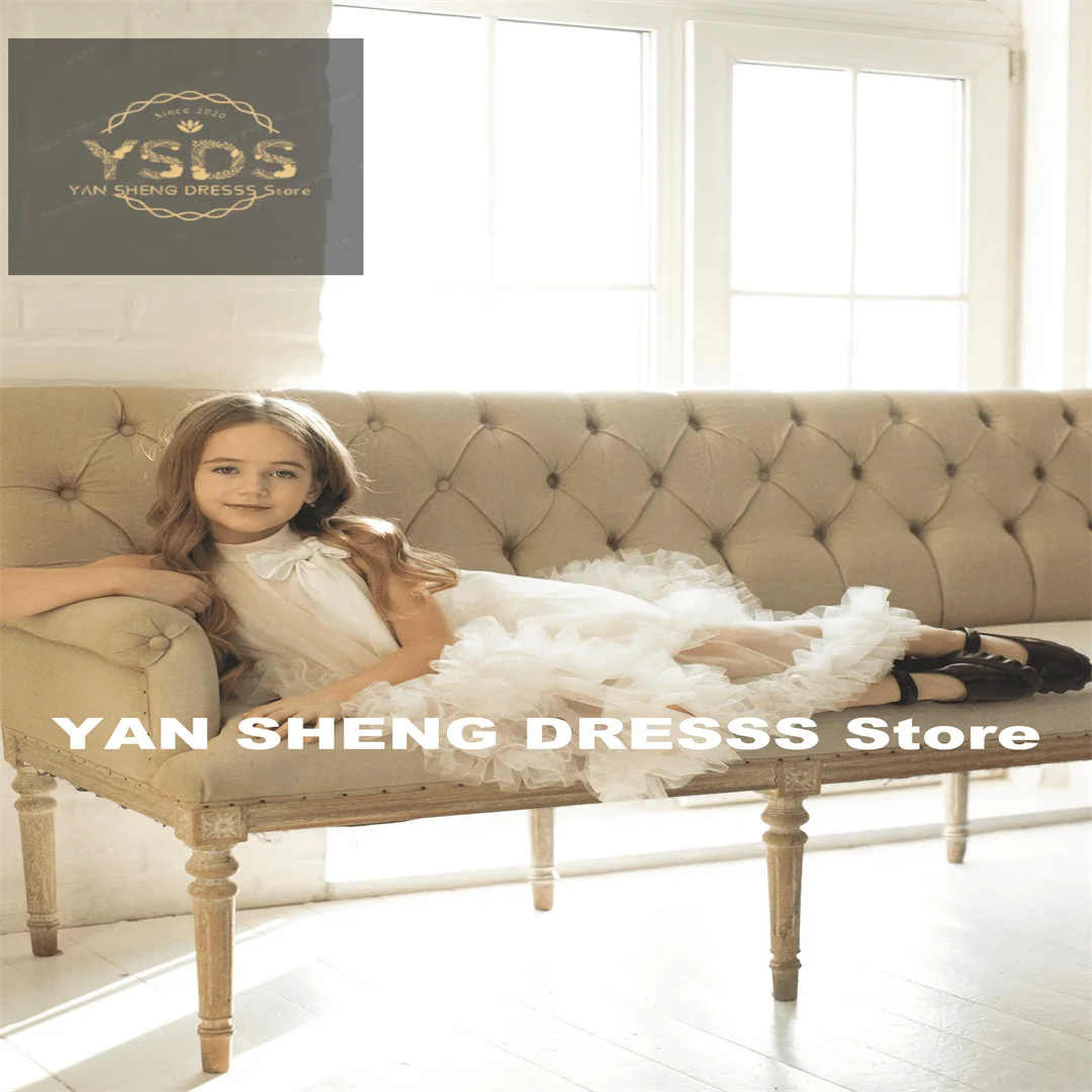 Customized Flower Girl Dress Ivory Tulle Puffy Sleeveless With Bow For Wedding Elegant Child First Eucharistic Birthday Party Dr