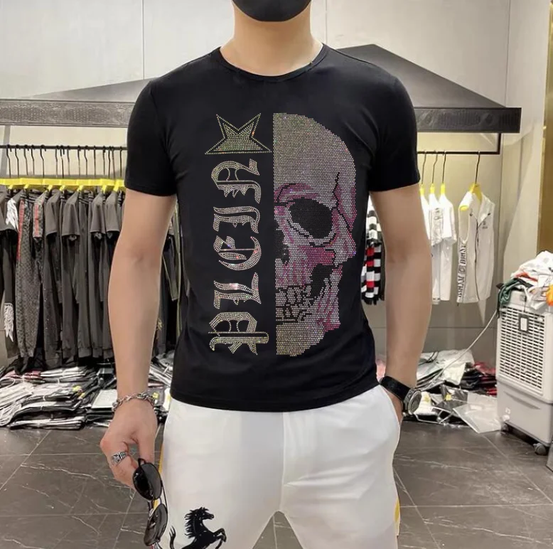 2025 summer new luxury men\'s fashion skull design Rhinestones T-shirt pure cotton crew-neck casual  high quality