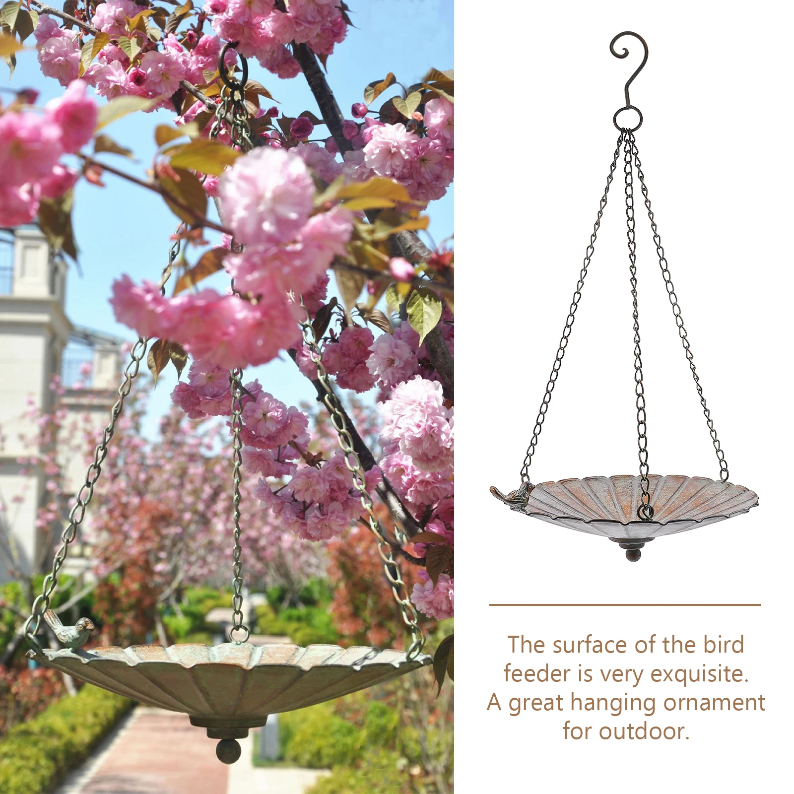 

1pc Retro Feeder Hanging Outdoor Garden Decoration Wrought Feeding Container Tray Green Large Capacity For Small Birds